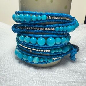 Bindy Blue and Silver Beaded Leather Boho Wrap Bracelet Festival
